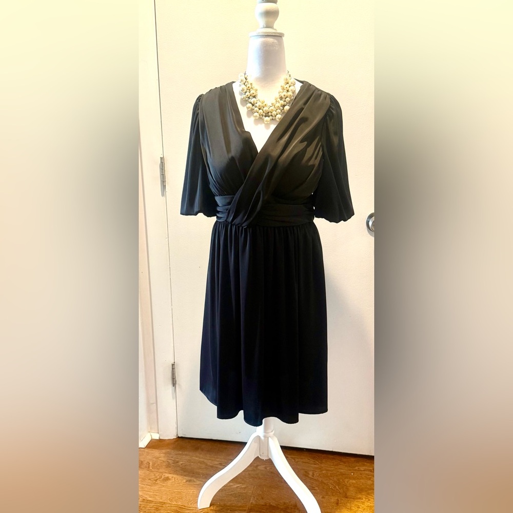 DKNY Black Faux Wrap Dress with Plunge Neckline